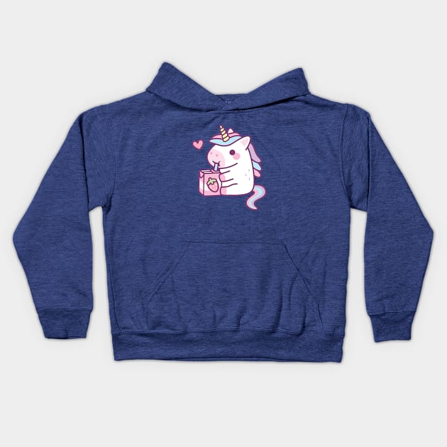 Cute Little Unicorn Loves Strawberry Milk Kids Hoodie by rustydoodle